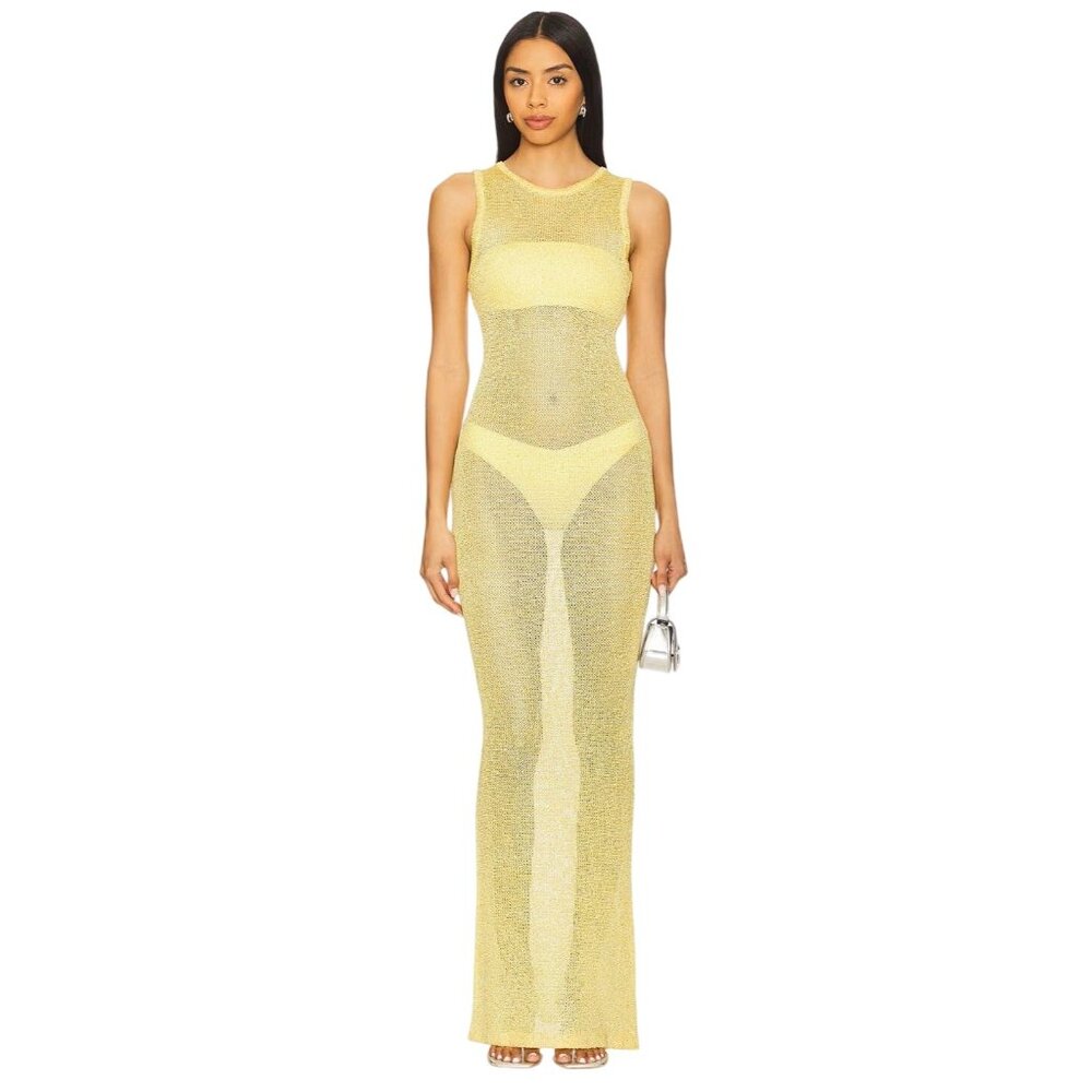 superdown Alix Maxi Dress in Baby Yellow Small New Womens Long Metallic Knit